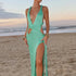 Women’s Green Knit Maxi Dress with High Slit Backless V-Neck for Summer Beach Party and Going Out